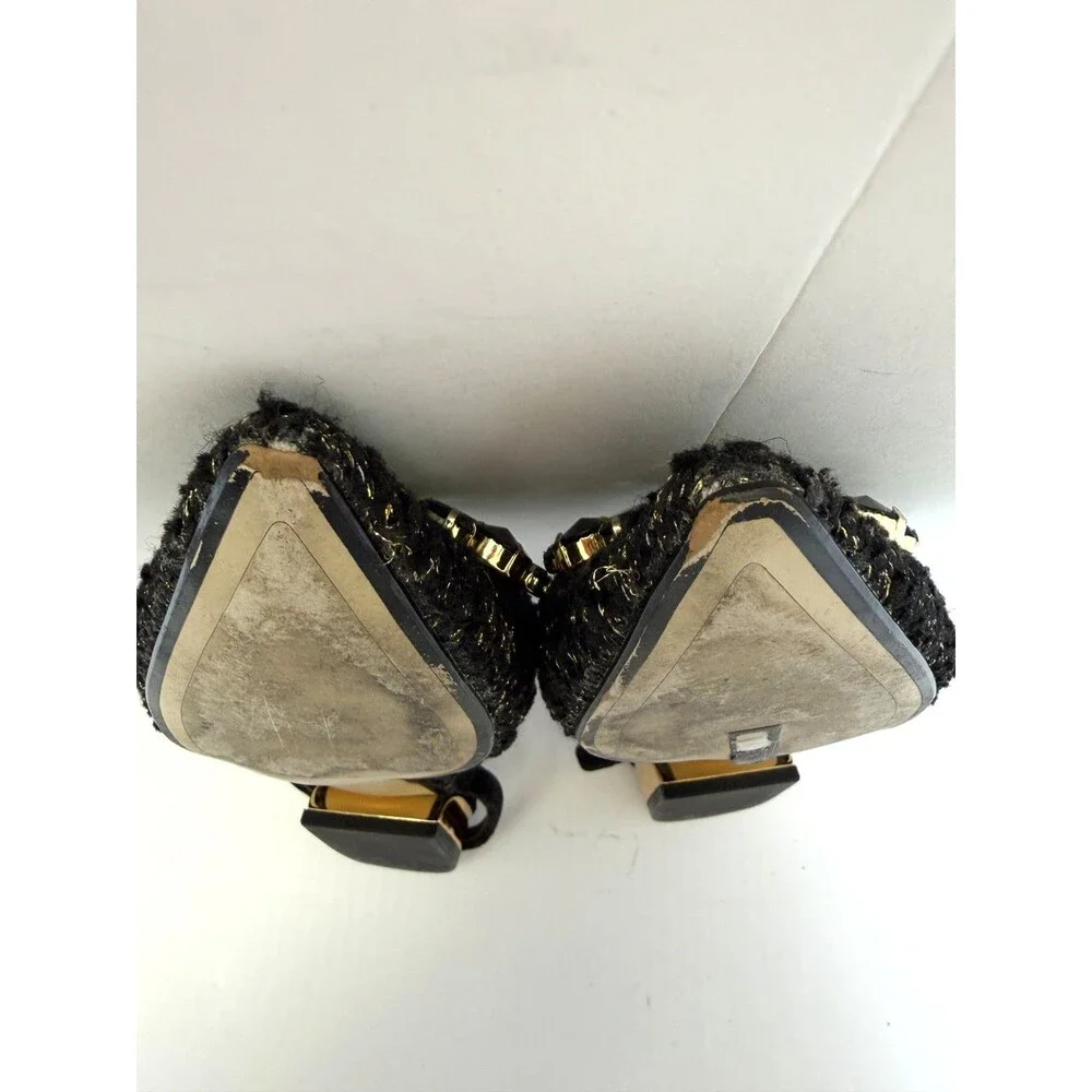 Zara Woman Black Tweed Jeweled Slingback Flats Gold Metallic Heel Sz EU 37/US 7